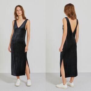 Ninety Percent Micro Modal Velour V Neck Dress with Slit Velvet Black Size XXS